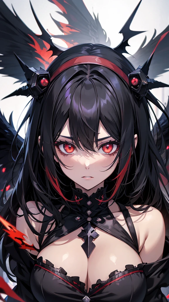 anime, anime girl, black hair, Red eyes, wing, black hair, black wing, black wing, black wing, black wing, black wing, black, demon anime girl, gothic maiden anime girl, anime style 4 k, Bloodstained, Nightcore, anime monster girl, Portrait Gap Moe Yandere Grimdark, With eyes that glow red
