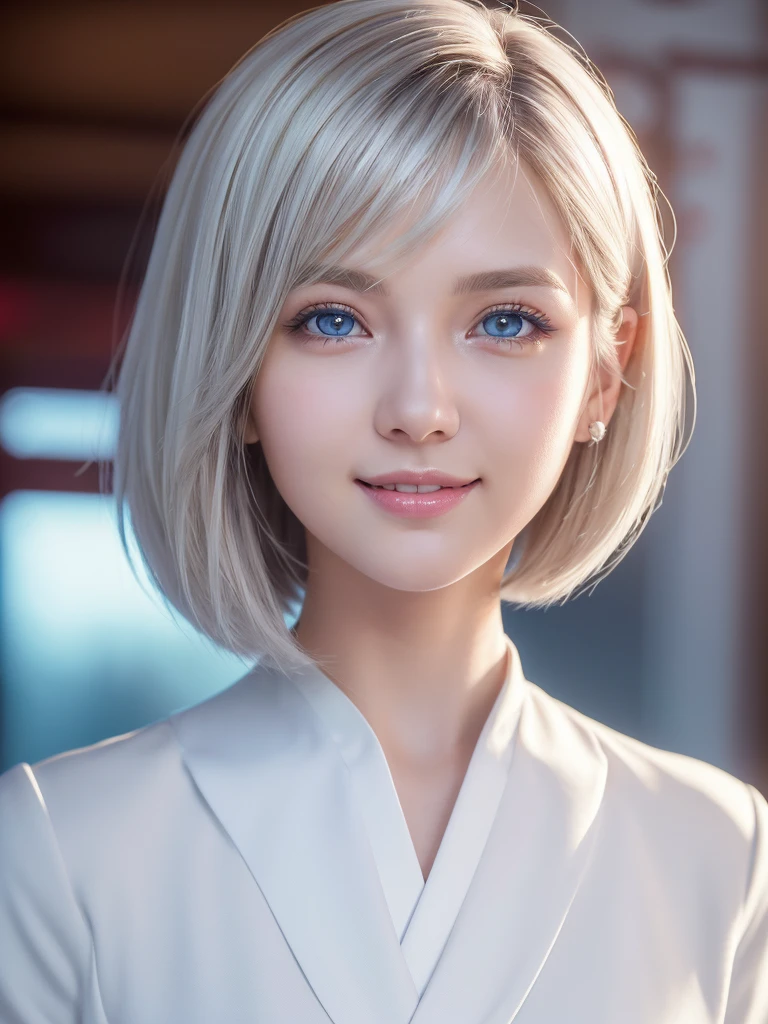 (A beautiful girl in a bright nordic setting, face lighting, realistic, cute, sexy, slim, extremely detailed eyes, droopy eyes,Attractive big shiny clear blue eyes, cutei eyes,beautiful eyes,extremely detailed face:1.5),(best quality:1.4), (ultra-detailed:1.2), (realistic:1.3), porcelain skin, flowing hair,moody, atmospheric, 1girl, digital painting, cinematic lighting, studio lighting, natural light, sharp focus, intricate details, porcelain skin, long flowing hair, elegant fashion, dreamy atmosphere, vibrant colors, soft warm tones, (ultra short hair:2.0),(fluffy hair,silver hair:1.25),(close-up of face,smiling:1.25), (japanese highschool white uniform:1.5),detailed skin, intricate details, high quality, detailed background, soft lighting, detailed clothing, natural pose, cinematic lighting, volumetric lighting, digital art, photorealistic, vibrant colors, sharp focus, hyper detailed,Highres fix