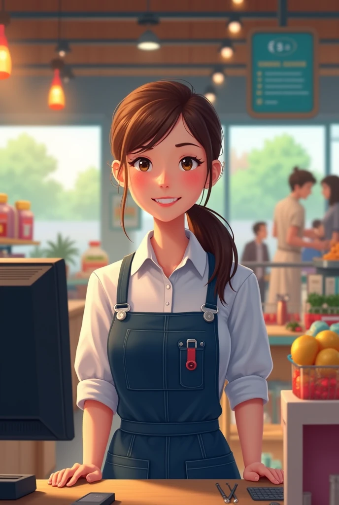 A full-length cashier girl at a point of sale with a control system on the realistic computer screen is for a poster