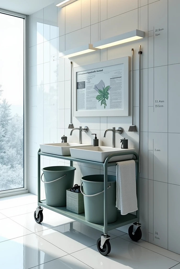 A plan with measurements on a cleaning cart, Bathroom cleaning cart with measurements of cm and meters in length and width, guided by some from Google, to put buckets, brooms, garbage can and other things