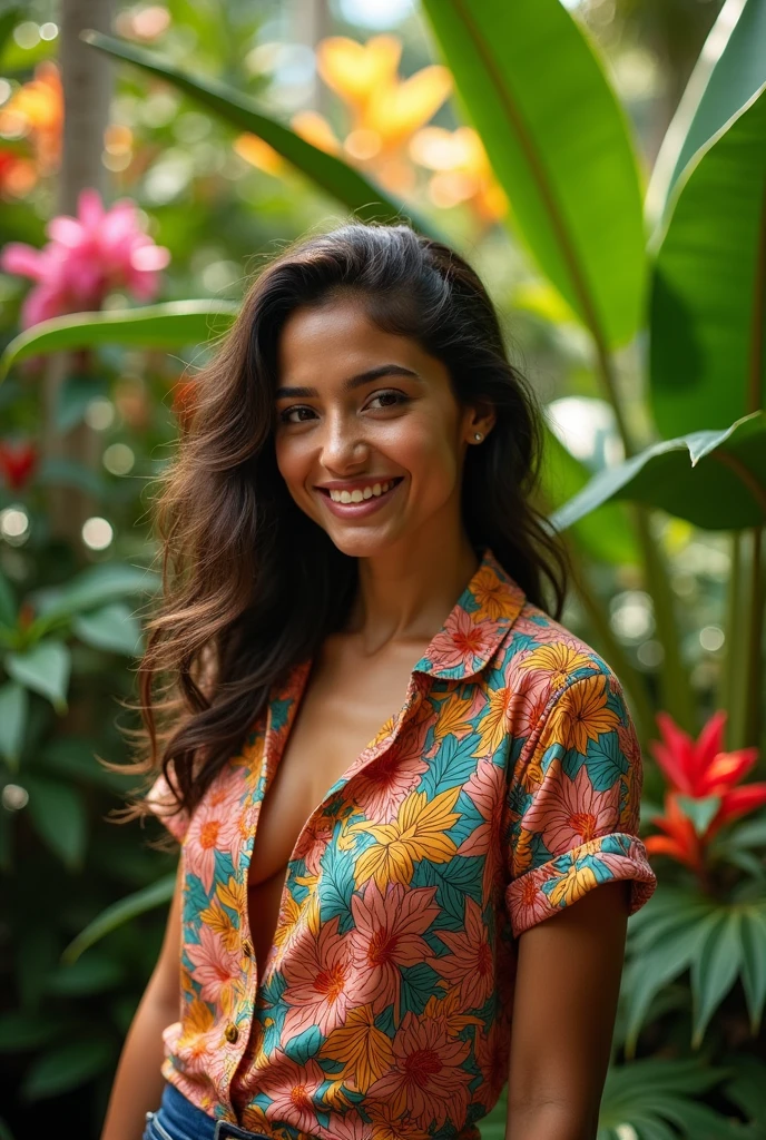 A Brazilian woman in a lush tropical garden, wearing an open shirt with a floral print, with a close-up capturing the harmonious beauty between her breasts and the natural flowers, showing off your natural charm and outgoing personality.