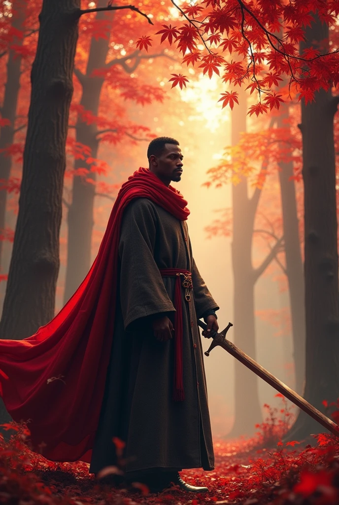 Black man. Forest of trees with red leaves. Holding a sword. Wearing a robe and have a red scarf