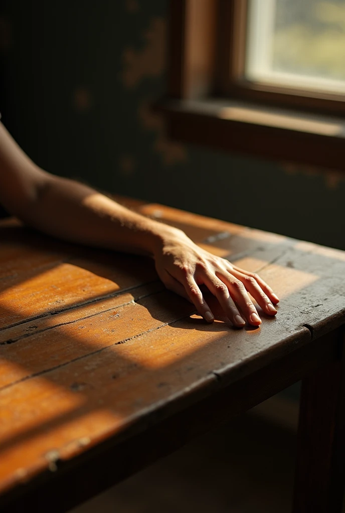 A thin arm with prominent veins and hair on a table