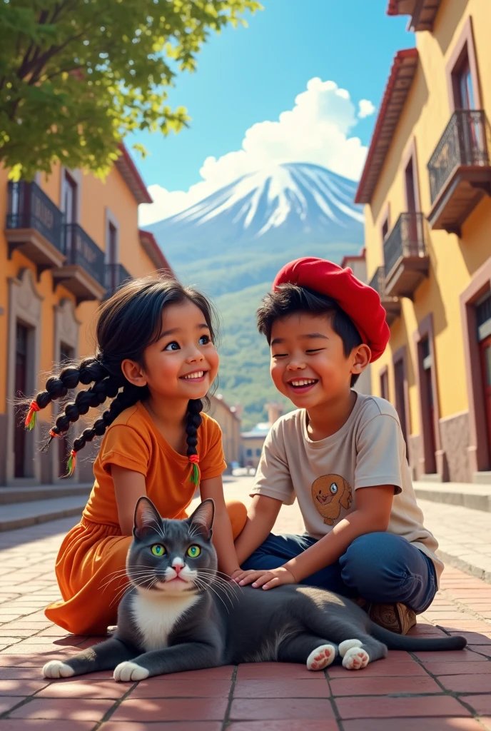 create a background image of the Plaza de Armas in Arequipa with a girl, a boy and a gray cat with a white chest and green eyes