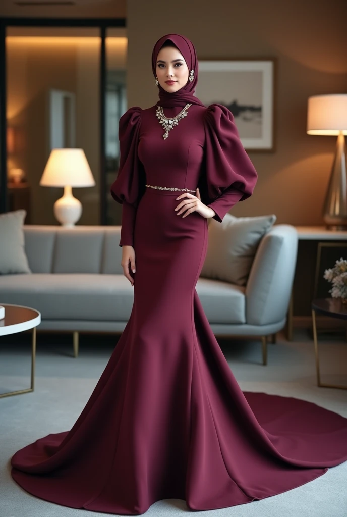 Hijabi women wear two-piece office dress set, mermaid trumpet skirt with long train, wear peplum bolero with puff sleeves, skirt have a very long train about 7 meter long, wear jewellery, sexy pose in office room