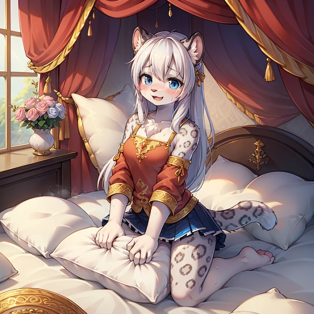 (masterpiece,best quality),mine, The Beast, , (Light and shadow suitable for any Pillow background)), A cute girl wearing a tank top poses on a pillow.,,Cheerleading,nature,, (blush),a smile,Pillow,(Lots of Pillow),Soft cushion,(canopy bed),(Pillow),Lots of Pillow,(Friction in the crotch),((Pillow Hump)),(A tail),(Around the protagonist),steam,(Pillow),(Luxury Pillow),(Palace Pillow Pattern Pillow),(palace),(Palace bedroom),(Gorgeous Pattern Pillow),Soft Pillow,,(Classical European style bedroom ),(excited,shy person,Lack of expressiveness,),pillow hump,,(Deluxe Rococo Canopy King Bed),Luxurious curtains with ornate ruffles and ribbons hang around the large bed.,((((The bed is piled with many Pillows)))),Quilt details,Detailed bed linen,Ruffled Bed Skirt,Deep Bed,Background with depth,((Pillow in detail)), ((((A Lot of Pillow)))),,,Detailed Soft Pillow,,((女孩正躺在许多Soft Pillow上,There are many Pillows around)),、、In a large canopy bed、Soft sheets and quilts、Colorful soft Pillow、Lots of Pillow、Soft toned bed、Ruffled curtains around the bed.。Delicate face,(Gorgeous pattern pillow),Soft pillows,,(Classical European style bedroom ),(Excited face,Opened his mouth,Shy,),,MASTURBATING WITH PILLOW,,White socks,Camel toe,Snow Leopard Girl,,Long hair,Gray and white leopard ears,Gray and white leopard tail,Black leopard print,Off-white leopard fur,White shirt,,Dark blue mini skirt,Facial pattern,,Sweaty,Leopard print fur,Leopard print skin,,No socks