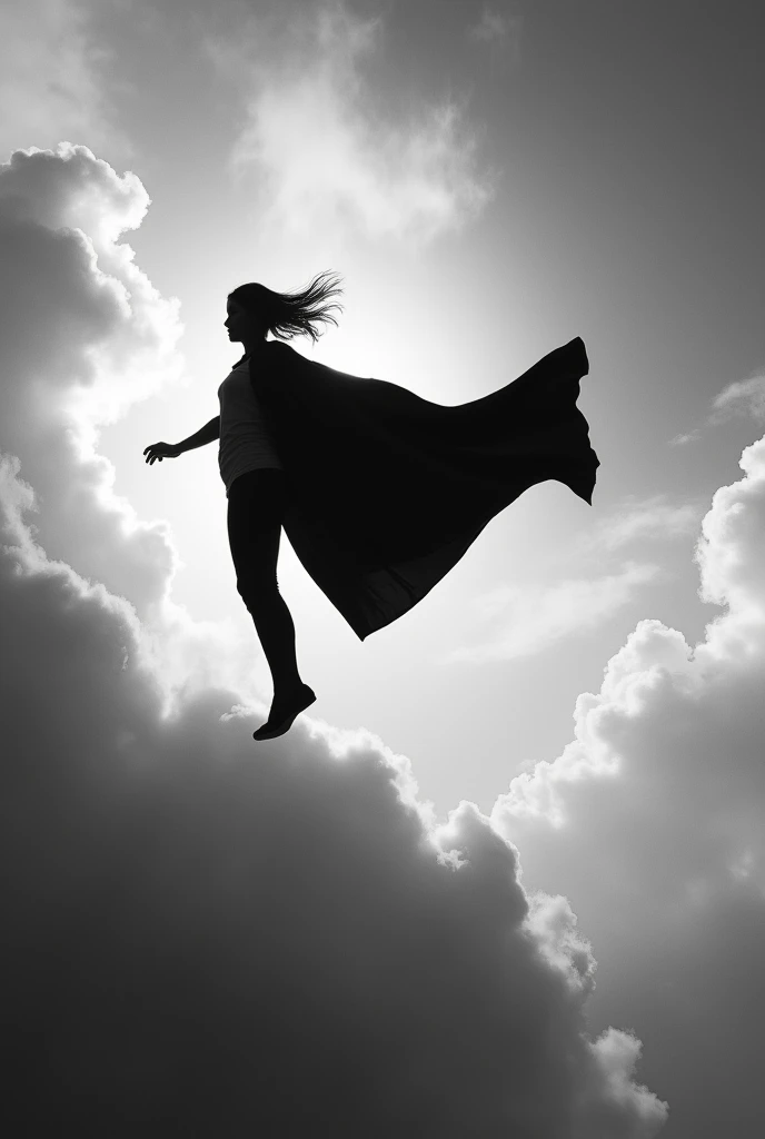 Black and white photo, A black humanoid figure rising in the skies in the distance, The subject will have a cape that hits the wind