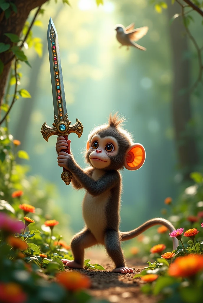 Monkey Lifting a Sword: The monkey, with a determined expression, is shown lifting a large, ornate sword from the ground. The scene should convey the monkey’s innocence and lack of understanding of the consequences.
