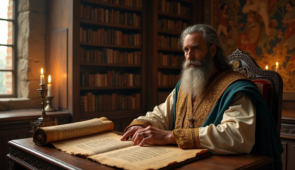 m Proverbs 16:16, Solomon reveals to us: 'How much better is it to get wisdom than gold! with a serious look reading the parchment
