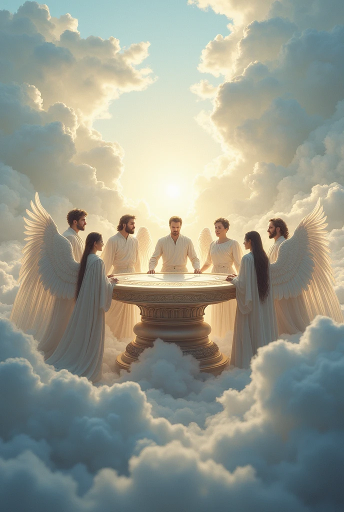 The ground is covered with a sea of clouds, making it a heavenly place.。
There is a cylindrical desk in the middle.、
4 men、Three women、angels、
Standing、Surrounding the desk。
The warriors are having a meeting。