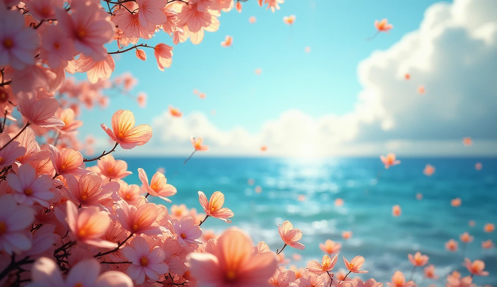 masterpiece, Best Quality, (Highly detailed CG Unity 8k wallpaper) (Best Quality), (best illustration), (best shadows) nature', Blue sea,delicate leaves petals of various colors falling in the air light tracking, Super detailed