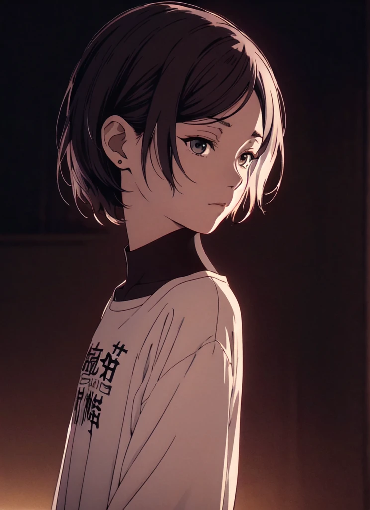anime girl with white hair and a white dress standing in front of a dark background, artwork in the style of guweiz, profile of anime girl, portrait anime girl, beautiful anime portrait, looking to the viewer, short black hair, bangs, closed mouth, t-shirt,