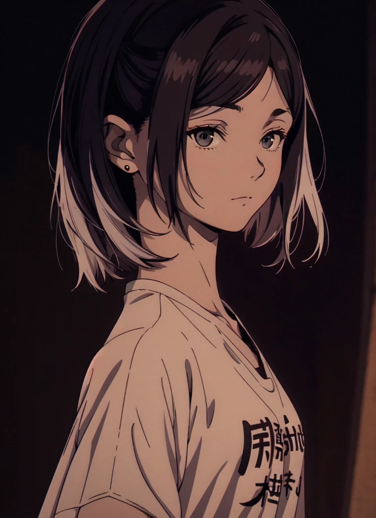 anime girl with white hair and a white dress standing in front of a dark background, artwork in the style of guweiz, profile of anime girl, portrait anime girl, beautiful anime portrait, looking to the viewer, short black hair, bangs, closed mouth, t-shirt,