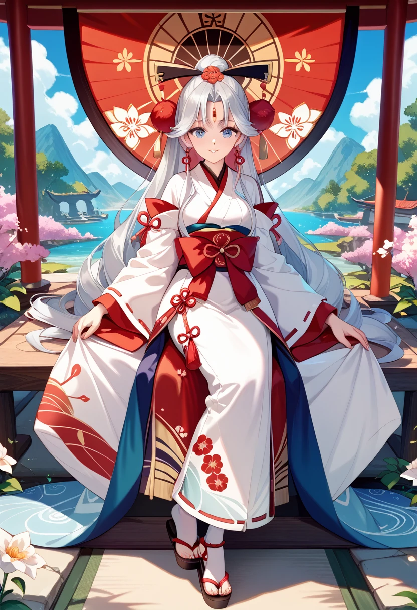 High definition、anime、pastel、A neat woman dressed in a shrine maiden outfit、Flowers sprout from beneath your feet、A long, flowing miko outfit、１８age、Half red long silver hair、Full body portrait、Wearing clogs、Large eyes like opals、Dance dedicated to the gods