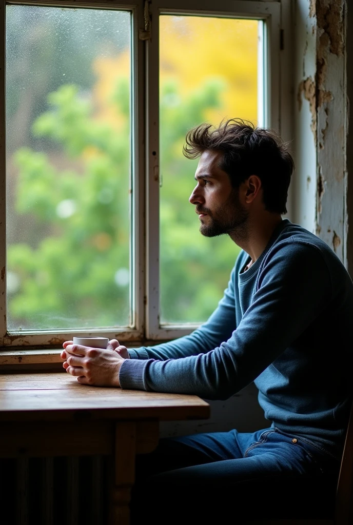 Make me a picture of a man sitting at a table leaning against a window