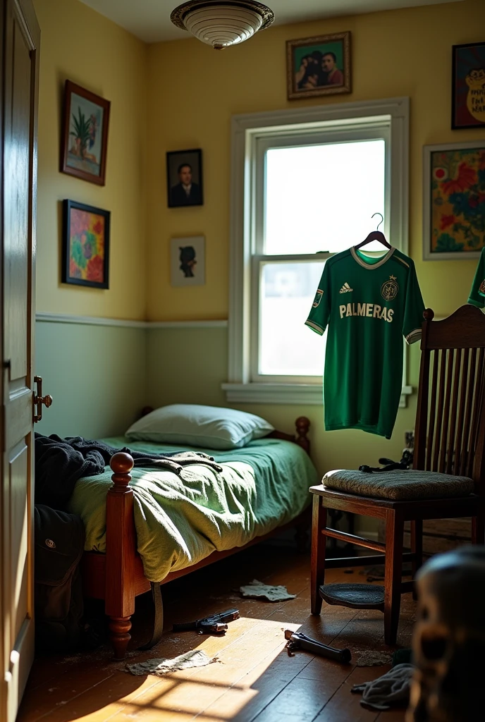 My Four,Shirt Hanging On A Hanger,Palmeiras Team Towel,paintings on the wall,a bed,A Fan,Hanging Backpack and a Gun