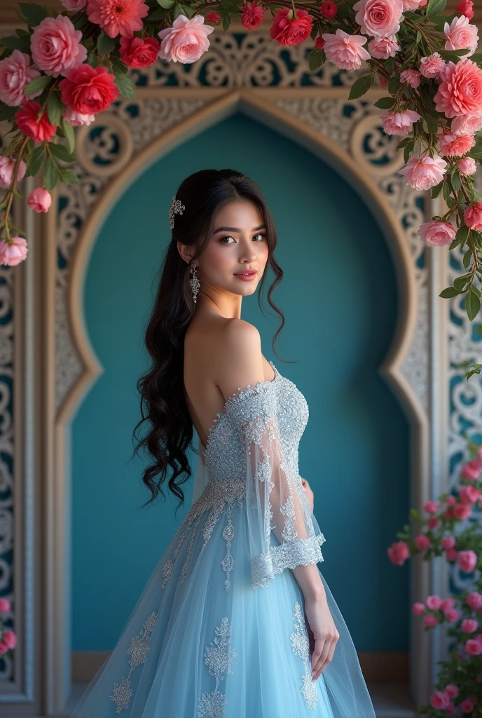 Hiba Nawab in 25 years old, perfect age, ultra realistic face, (((Stunningly Beautiful persian Princesss ))), elegant blue black updo hair, sweet smile, Beautiful bride posing under a fairy tale arch of exotic magical flowers, looking back,elaborate scene style, crystal glass lattice, glitter, transparent embroidered lace, realistic style, 8k,exposure blend, medium shot, bokeh, (hdr:1.4), (cinematic), ( dark tones:1.3),