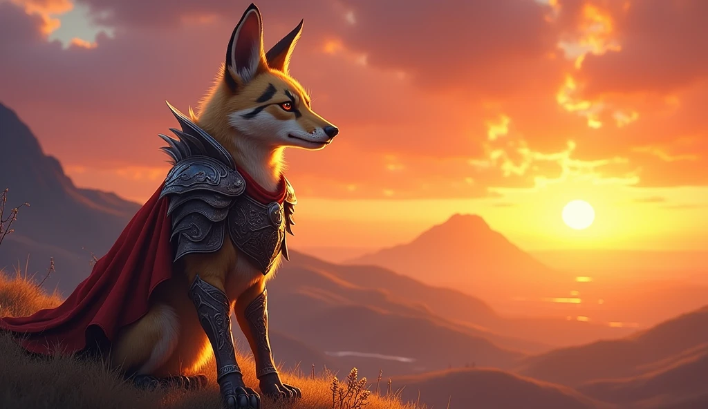 World of Warcraft Vulpera with warrior class protection light colored fur with dark stripes and large ears with an epic horizon in the background