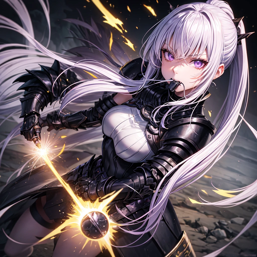 Female character, a warrior guardian with two light violet ponytails with black armor with a black metal mouth cover, part of the armor with golden eyes that her mouth cannot be seen by a metal mouth cover and that she is an adult.