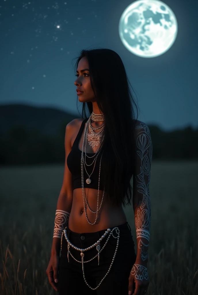 A RED INDIAN WOMAN WITH BLACK HAIR SHE HAS GLOWING WHITE TRIBAL TATTOOS SHES WEARING A BLACK AND DARK BROWN CROPTOP PEARLS ON HER WAIST SHE HAS BLACK PANTS SHE'S STANDING IN A FIELD MOON IN THE BLACK GROUND MIDNIGHT 