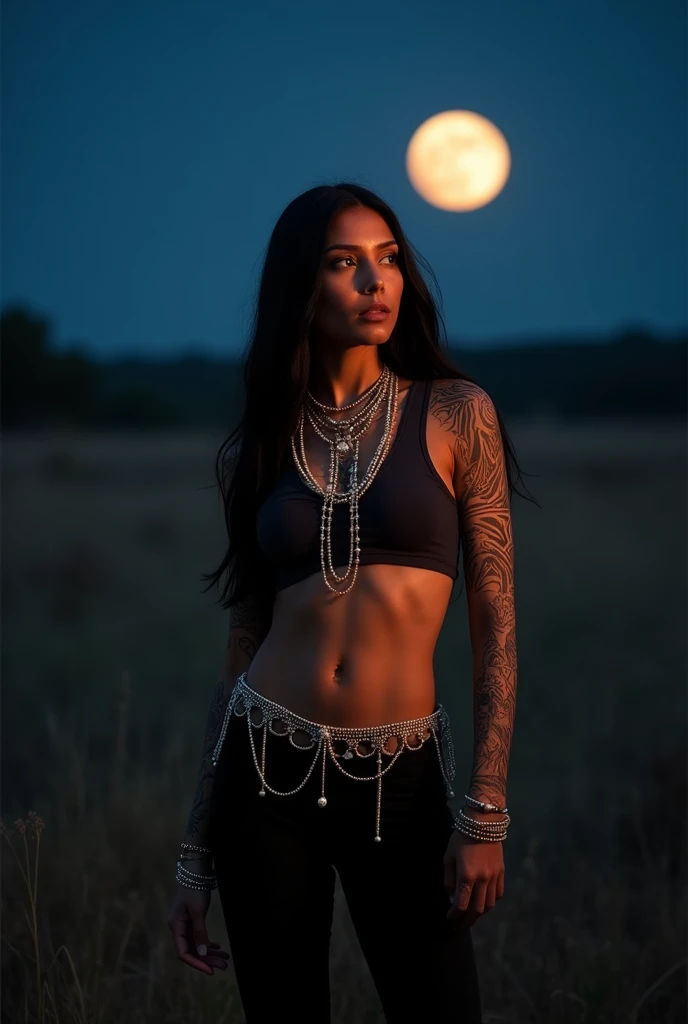 A RED INDIAN WOMAN WITH BLACK HAIR SHE HAS GLOWING WHITE TRIBAL TATTOOS SHES WEARING A BLACK AND DARK BROWN CROPTOP PEARLS ON HER WAIST SHE HAS BLACK PANTS SHE'S STANDING IN A FIELD MOON IN THE BLACK GROUND MIDNIGHT 