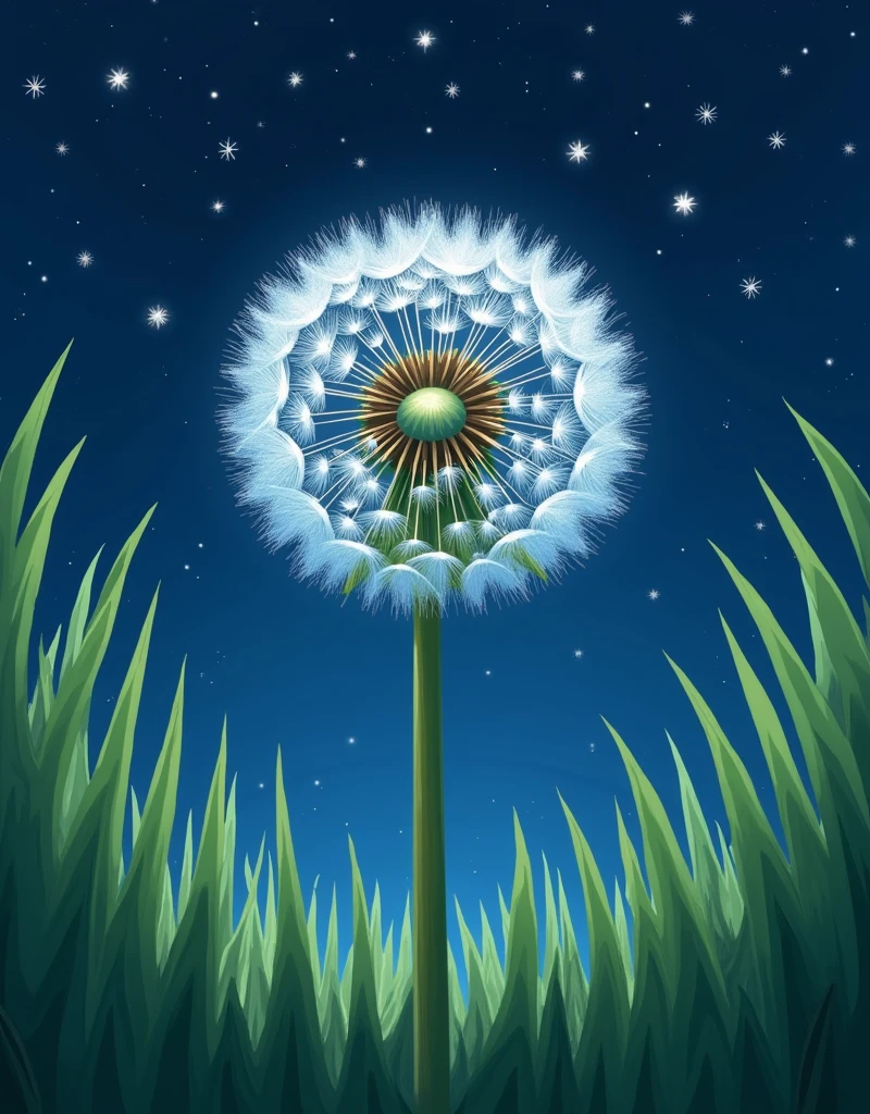 Ghibli Studio style, symmetrical close-up of a big dandelion seed head, gentle grass, beautiful starfall in the night sky.