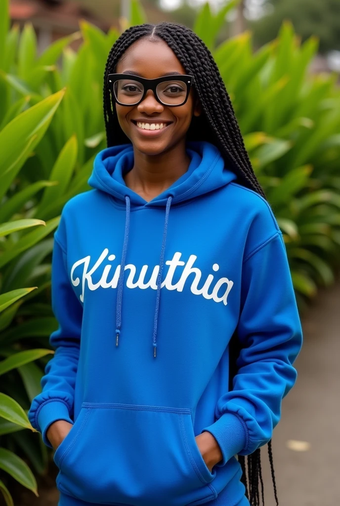 (photorealism:1.2), beautiful black African woman,22 years,sharp boobs, wearing a fitting blue hoodie written "Kinuthia",smiling,long braids, black  oversized photo chromatic glasses, standing , plants in background