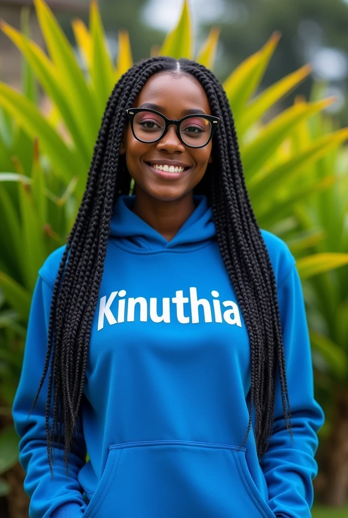 (photorealism:1.2), beautiful black African woman,22 years,sharp boobs, wearing a fitting blue hoodie written "Kinuthia",smiling,long braids, black  oversized photo chromatic glasses, standing , plants in background