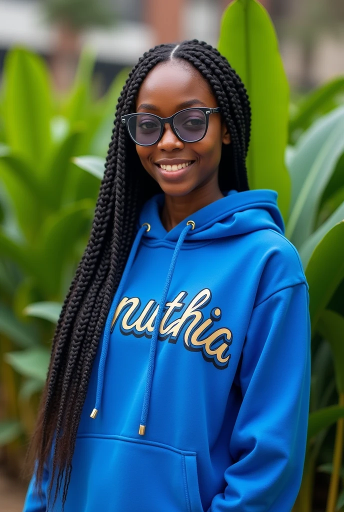 (photorealism:1.2), beautiful black African woman,22 years,sharp boobs, wearing a fitting blue hoodie written "Kinuthia",smiling,long braids, black oversized photo chromatic glasses, standing , plants in background