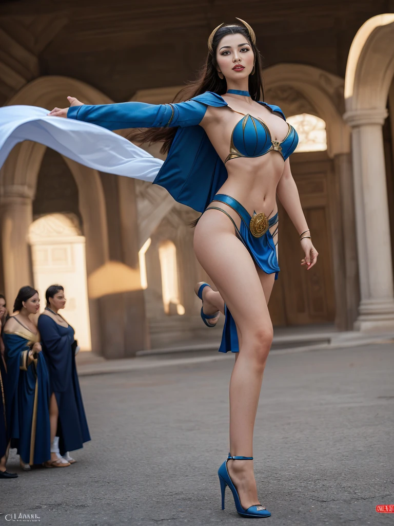 Arab woman in blue and gold costume, Portrait of a Modern Darna,full-body shot, Hero Action Poses, Power Pose, Casting posture, Heroic Kick Stance, Super Villain Witch, chun - li, Chun-Li