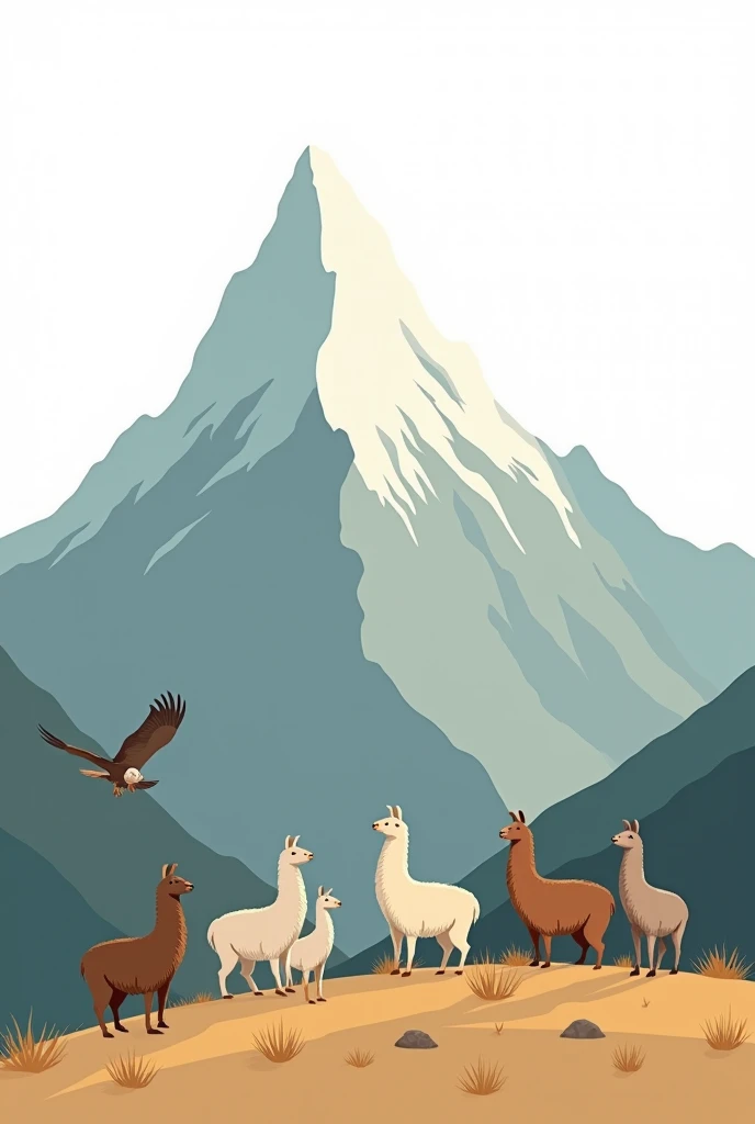 Create a simple white background on the animated Peruvian mountain range decorated at the bottom with mountain animals in the colors of the mountain range and the white background taking up more space.