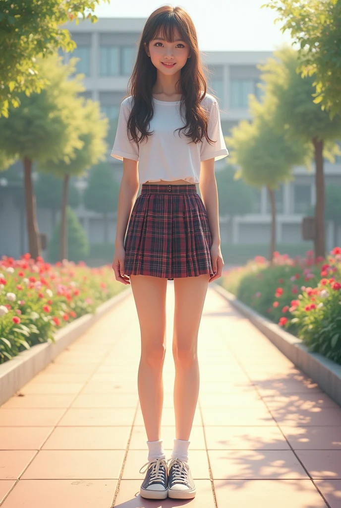 A female junior high school student is standing facing forward, wearing short sleeves and a short skirt, with white, slender, long legs