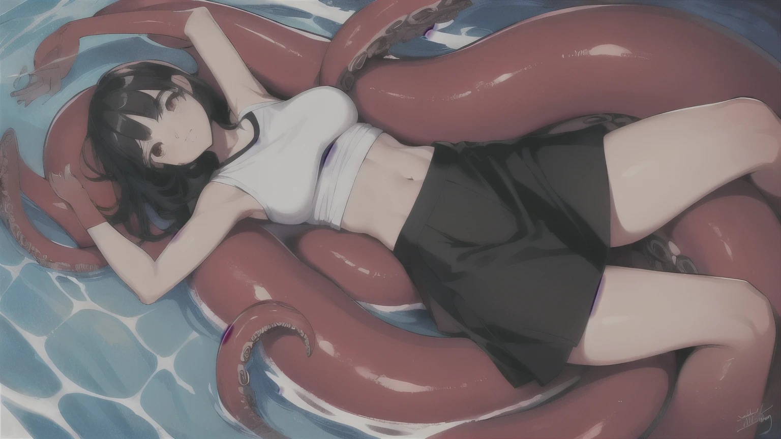 1girl with short black hair and a crop top, Scylla, masterpiece, best quality, in a pool, long hair, light smile, large breasts, skirt, red eyes, full body