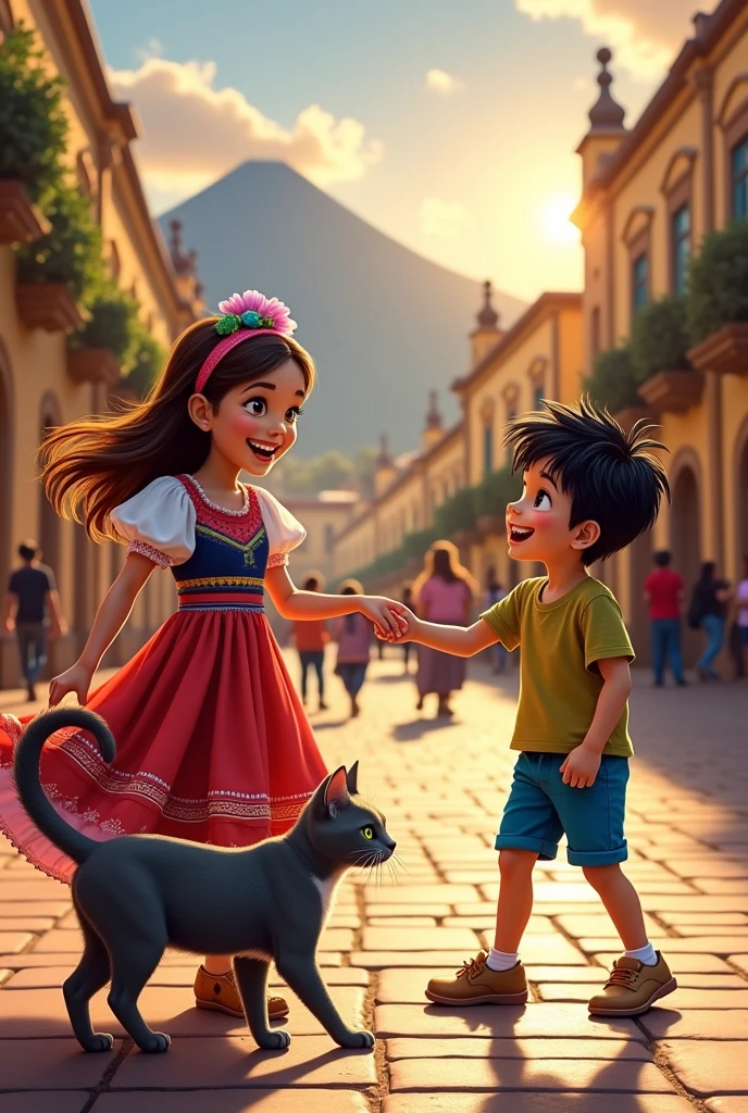 create a background image of the Plaza de Armas in Arequipa with a girl, a boy and a gray cat with a white chest and green eyes