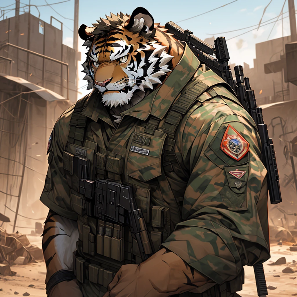 a muscular soldier holding an m4 rifle, military base, highly detailed, 8k, unreal engine, realistic lighting, military uniform, tactical gear, assault rifle, outdoor military base, barbed wire, military vehicles, military equipment, Camouflage, gritty, heroic pose, intense expression, photorealistic, cinematic composition, dramatic lighting muscular tiger