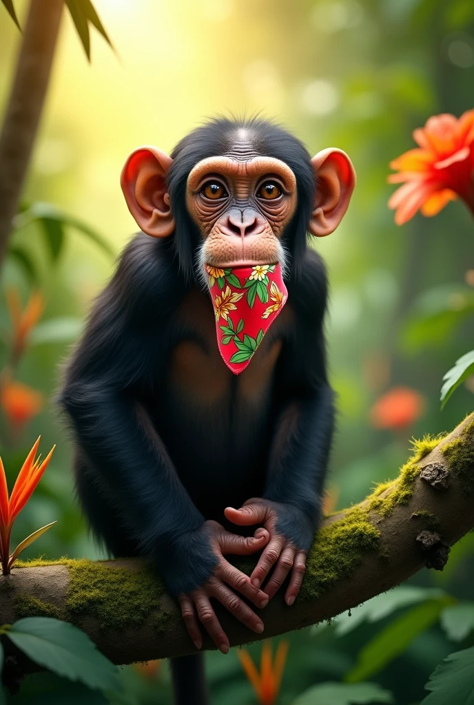 a chimpanzee with a handkerchief covering its mouth