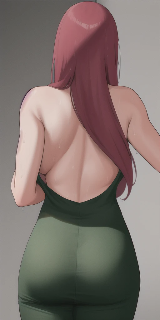 uzumaki_kushina, large_breasts, standing, solo, kushina_green_dress, masterpiece, best quality, detailed face, detailed eyes, highres, from behind, sweating, exhausted, clothes off, wear black bra, black underpants , hot pose