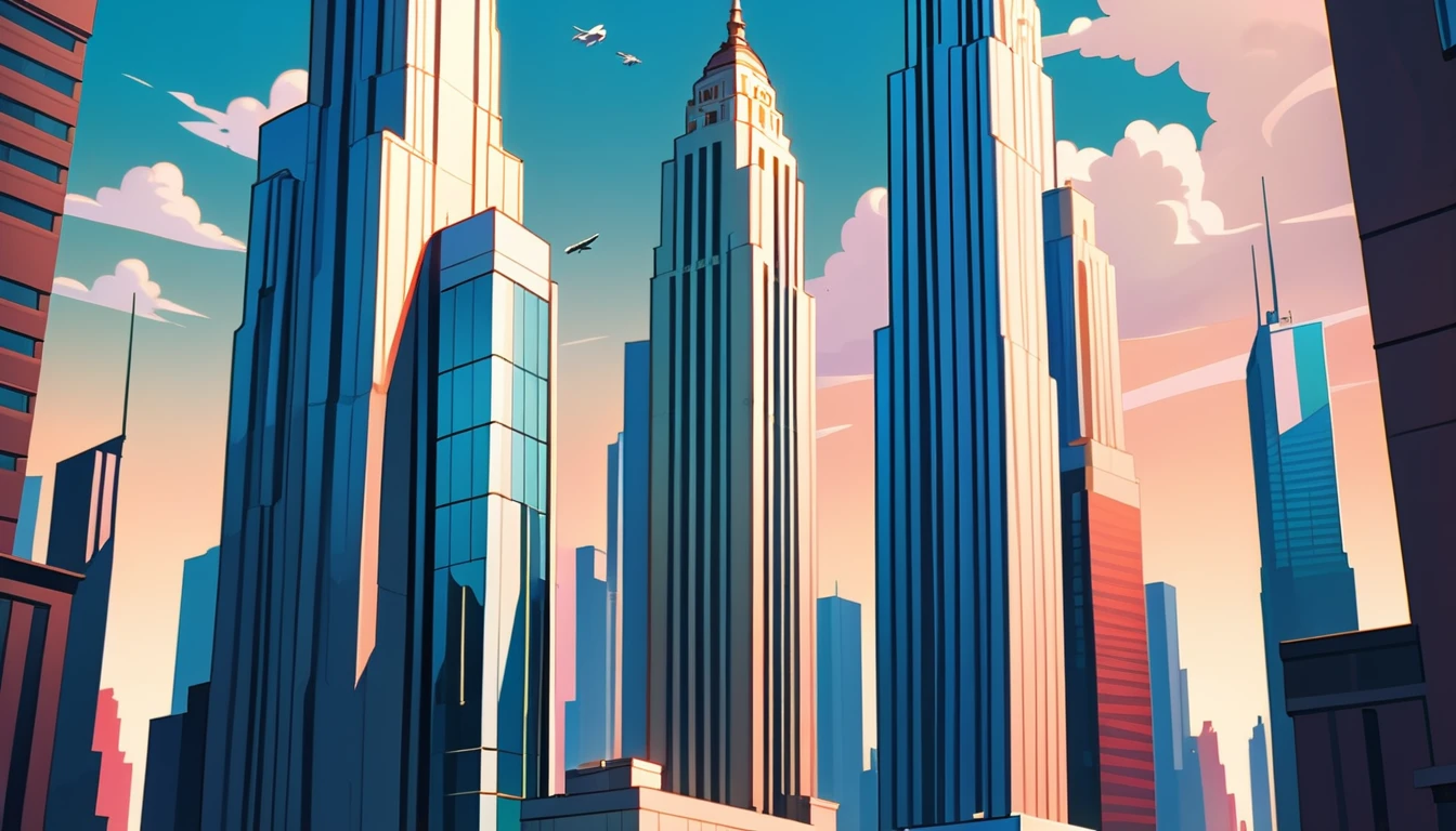 comic style skyscrapers, animated cartoon, cartoon