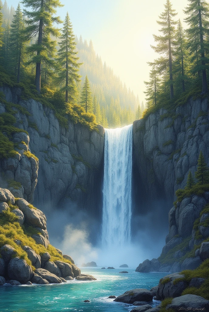 Draw nature in the mountains with a pencil, early morning, waterfall 