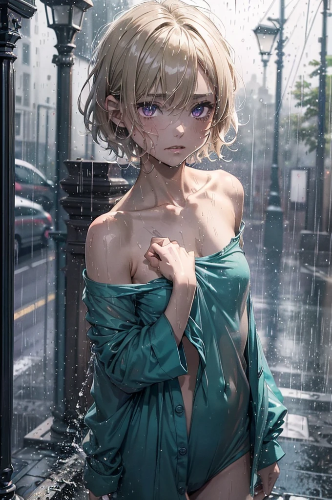 ((Nighttime, very dark image, very little light)), ((gorgeous purple eyes)), Very short hair, ((Highly detailed, extreme detail, amazing art)), raining, heavy rain, dark, midnight, 1girl, soaking wet drenched, wearing nothing but a pyjama shirt, shirt caramel-blonde hair, depressed, soaking wet hair, hair sticking to her face, heavy rain, thunderstorm, teal pyjama top, naked, petit chest, very short hair, buttoned up pyjama top, bare legs, no underwear, very dark night time, black sky, the only source of light is a single amber street light, no light, dark background, miserable, sad, crying, buttoned pyjama shirt, slightly transparent pyjama shirt, 