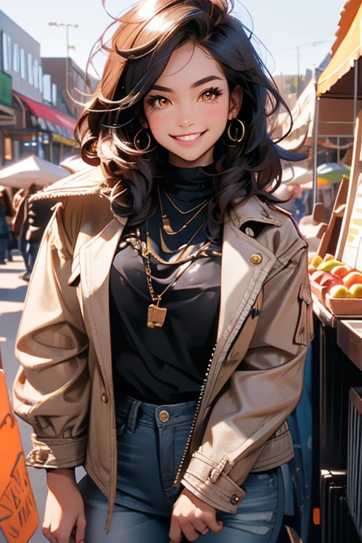Perfect face. Perfect hands. A black haired woman with orange eyes in a leather jacket and jeans is exploring a farmer's market with a big smile