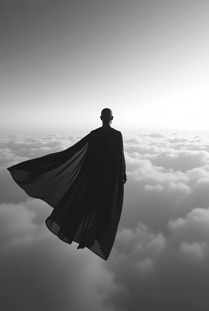 Black and white photo, a black humanoid male figure rising into the skies in the distance, The subject will have a cape that hits the wind