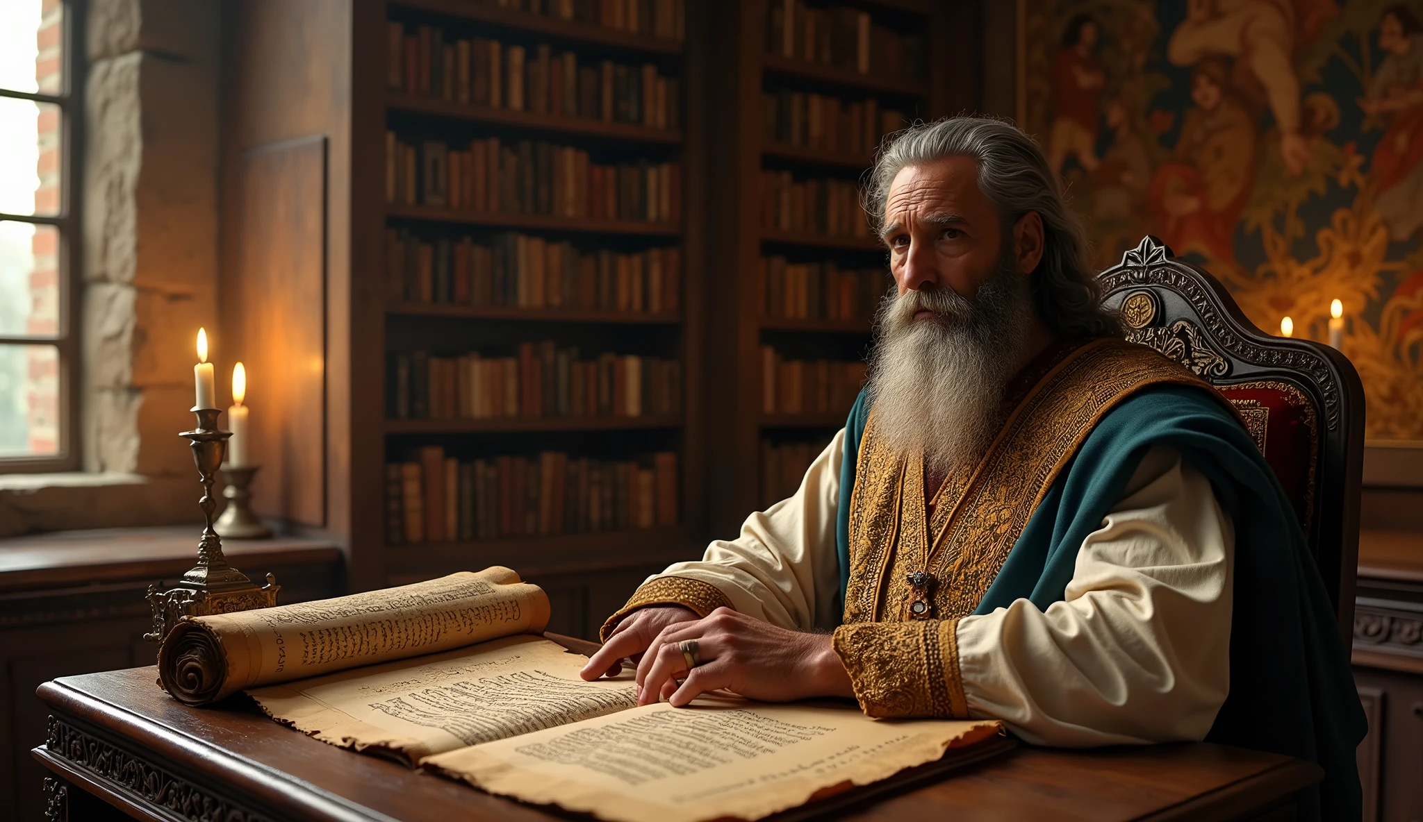 m Proverbs 16:16, Solomon reveals to us: 'How much better is it to get wisdom than gold! with a serious look reading the parchment