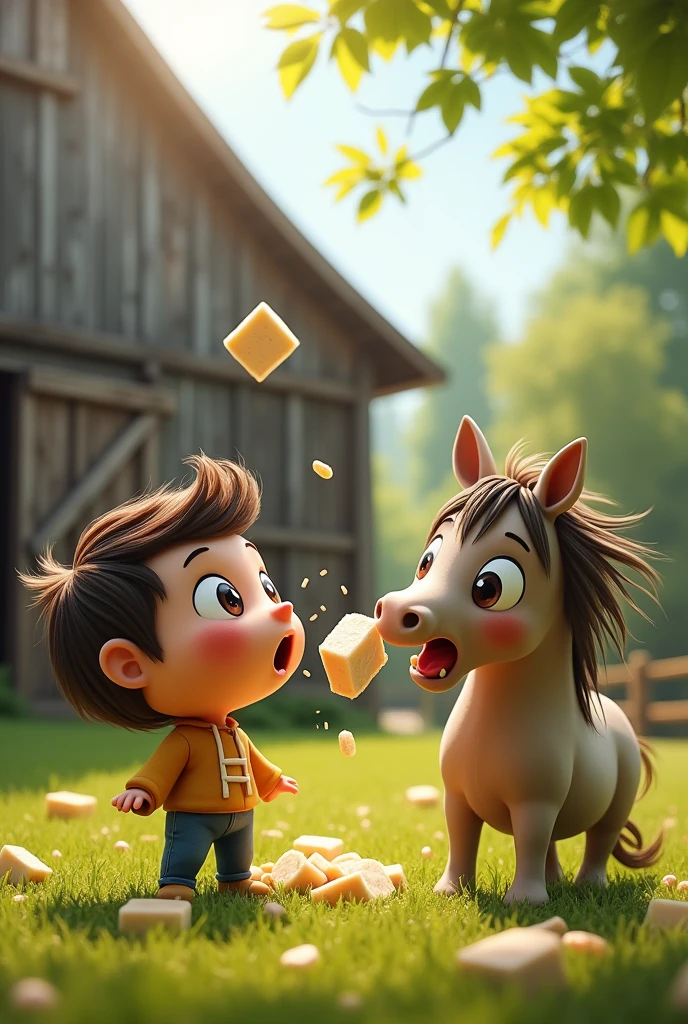 The tofu hit the side of my face.、Horse recoils from shock