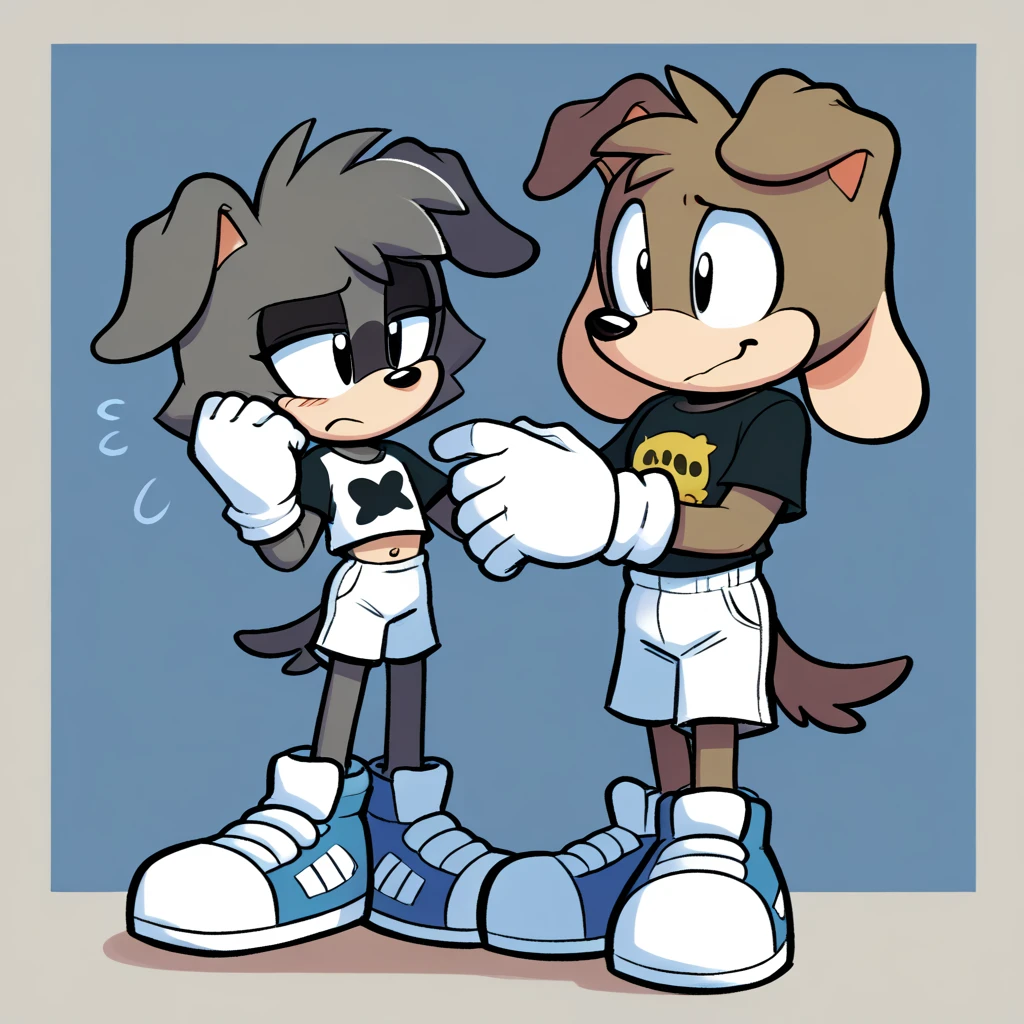 The image depicts a cartoonish anthropomorphic character with a long, slender body. The character is wearing a black T-shirt, white shorts, and large white shoes. Interestingly, the character's head is not attached to its neck; instead, it is being held up by the character's left hand. The head resembles that of a dog with large, floppy ears and a somewhat sad or bored expression. The background is a solid blue color with lighter blue star-shaped highlights. The overall style is reminiscent of a modern, simplistic cartoon.