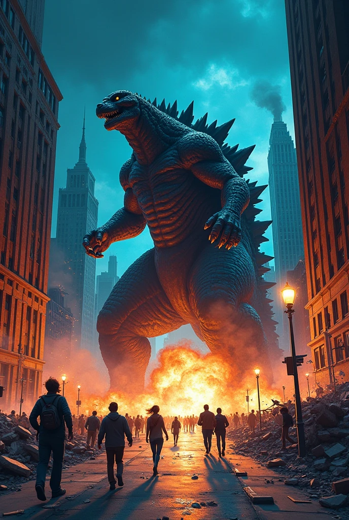 80&#39;s monster movie posters、An illustration、A monster coming at us at breakneck speed、Several people running away々、panic、Every detail was drawn with brush and paint.,Giant Monsters、Godzilla-like、Focus on the monsters、City、Collapsing high rise building、destruction,Manhattan at night
