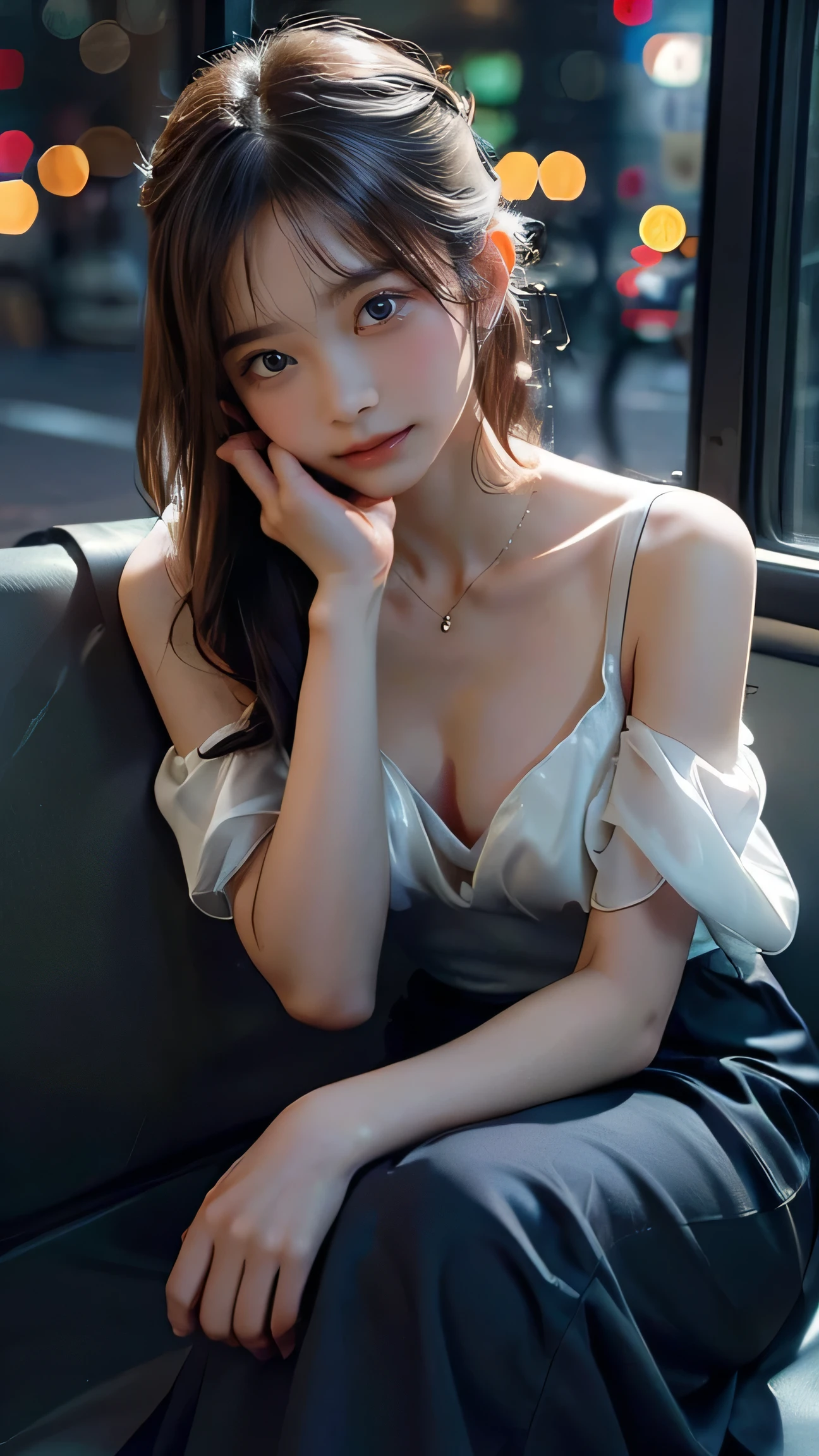 Highest quality,Realistic,masterpiece,detailed,High resolution,Cute , (shallow depth of field:1.4), Chiaroscuro Lighting Style, partially covered in shadow, epiCPhoto, night time, lights off))), dim light, (lens flare:.4), (cinematic bokeh:1.3), girl sleeping on a busy bus, bus, an exhausted girl sleeping on night bus, 24 year old woman, (sleeping, lying sideways), (((/leaning against window/))), (((/head resting on her shoulder/))), (sitting in bus seat), sitting, slutty evening gown, silk gown, green gown, ((gown falling off shoulder)), ((downblouse)), ((gown falling down)), (((breasts visible))), partial nudity, explicit, ((cute skirt)), soft body, night time, detailed textures, bokeh, (simple necklace:1.1), night lighting, ((half length shot)), (downblouse),(1girl, medium breasts), puffy nipples, loose clothes, front view looking down into shirt, nipple showing, nip slip, blonde hair, regal hairstyle, elegant updo,