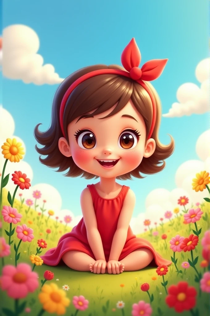 Baby woman smiling, with brown hair, with red dress and red headband, animated cartoon
