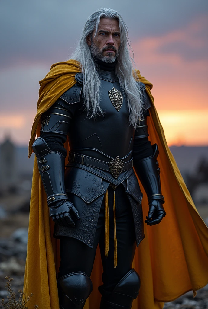 Man with long silver hair, in black plate armor with a golden cloak, violet eyes, dashing, bold and dangerous, but quick-tempered and quick to take offense.