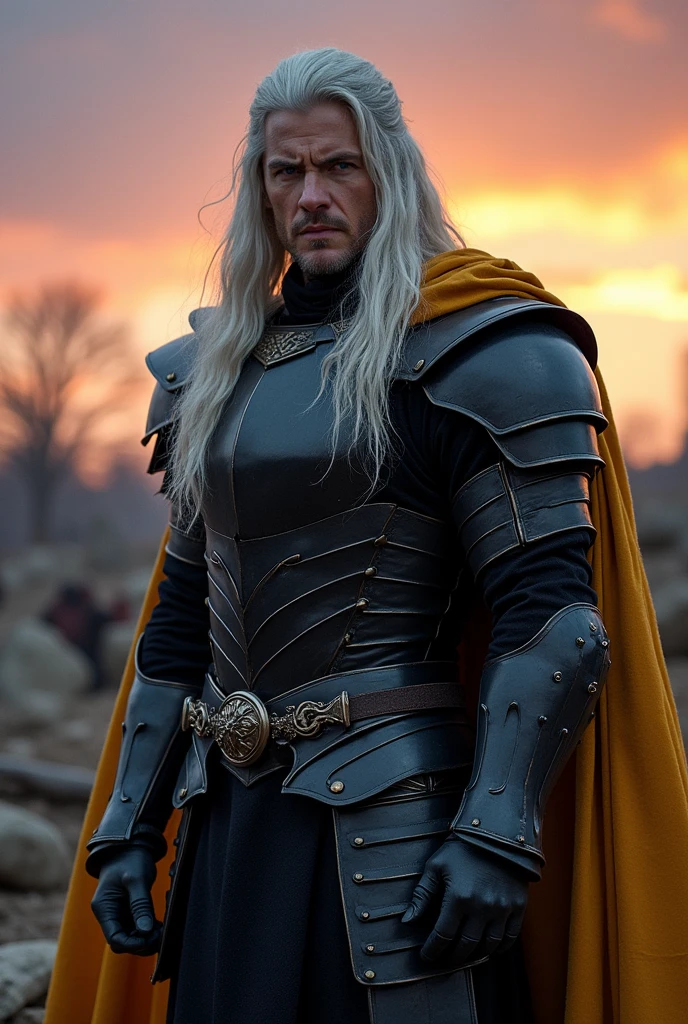 Man with long silver hair, in black plate armor with a golden cloak, violet eyes, dashing, bold and dangerous, but quick-tempered and quick to take offense.